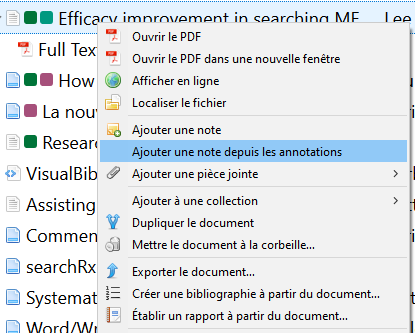 L'option "Ajouter une note depuis les annotations" s'affiche dans le menu contextuel d'un document, lorsque vous ajoutez des annotations au PDF qui lui est attaché