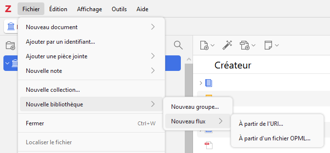 Capture d'écran de l'ajout de la bibliothèque de flux, à a création du premier flux RSS