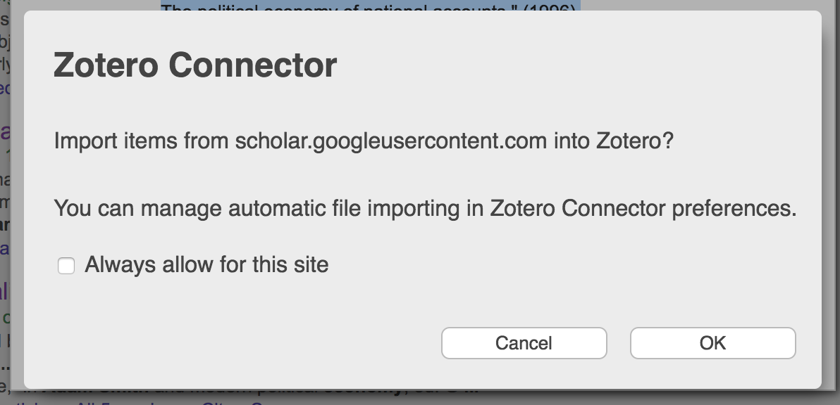 Fenêtre de dialogue du connecteur Zotero affichée à la création d'un export de fichier bibliographique depuis une base de données, un moteur de recherche, etc.