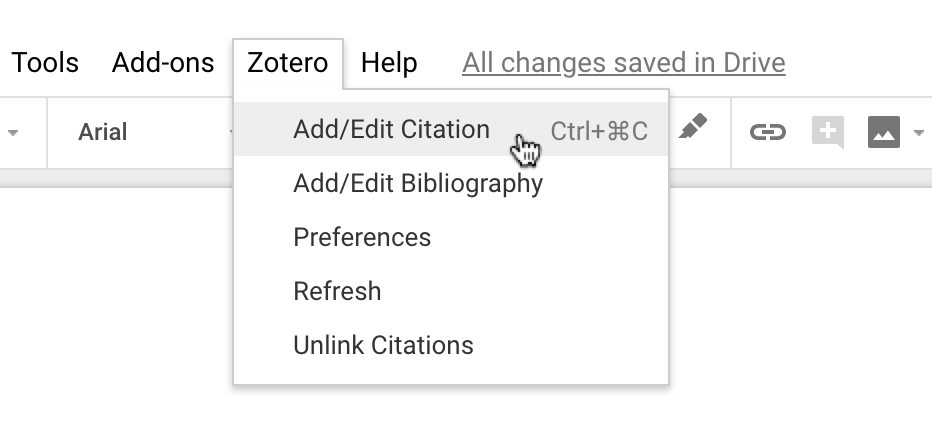 Menu Zotero dans Google Docs, avec l'option permettant d'utiliser un autre logiciel de traitement de texte