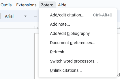 Menu Zotero dans Google Docs, avec l'option permettant d'utiliser un autre logiciel de traitement de texte