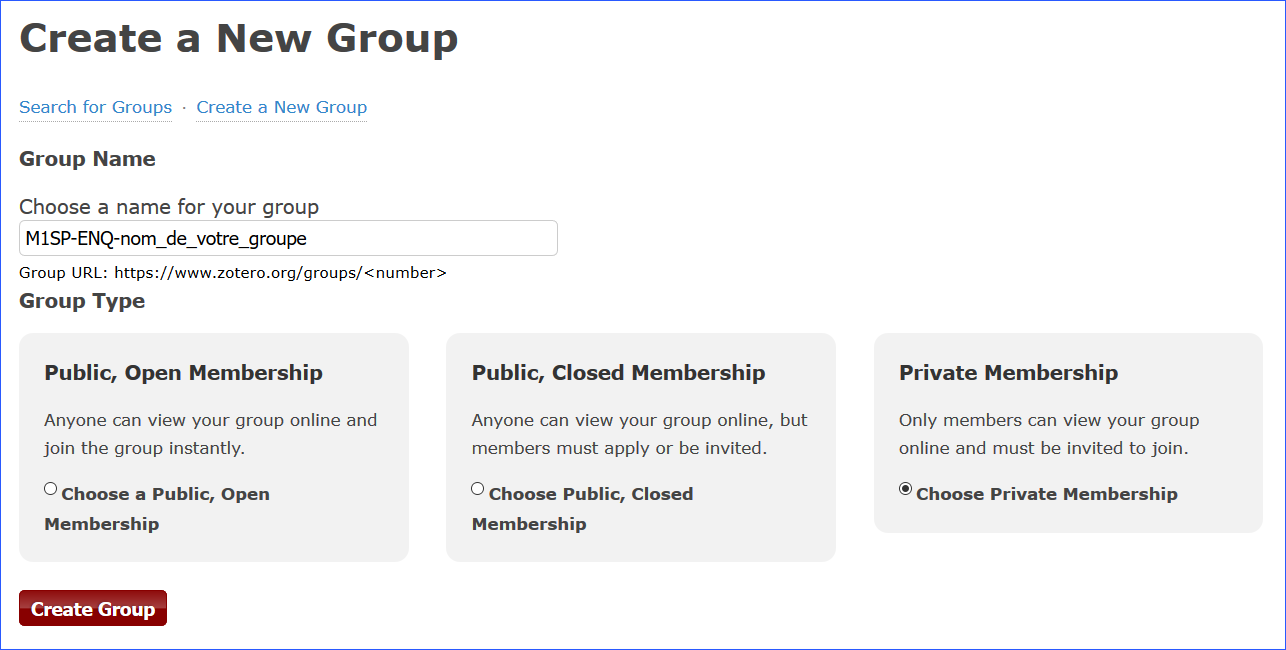Page de création d'un groupe sur le site zotero.org : les types de groupe