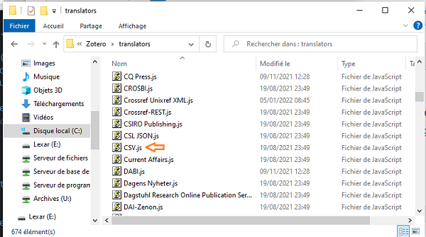 Mise en évidence du fichier CSV.js enregistré dans le dossier translators du répertoire de données Zotero.