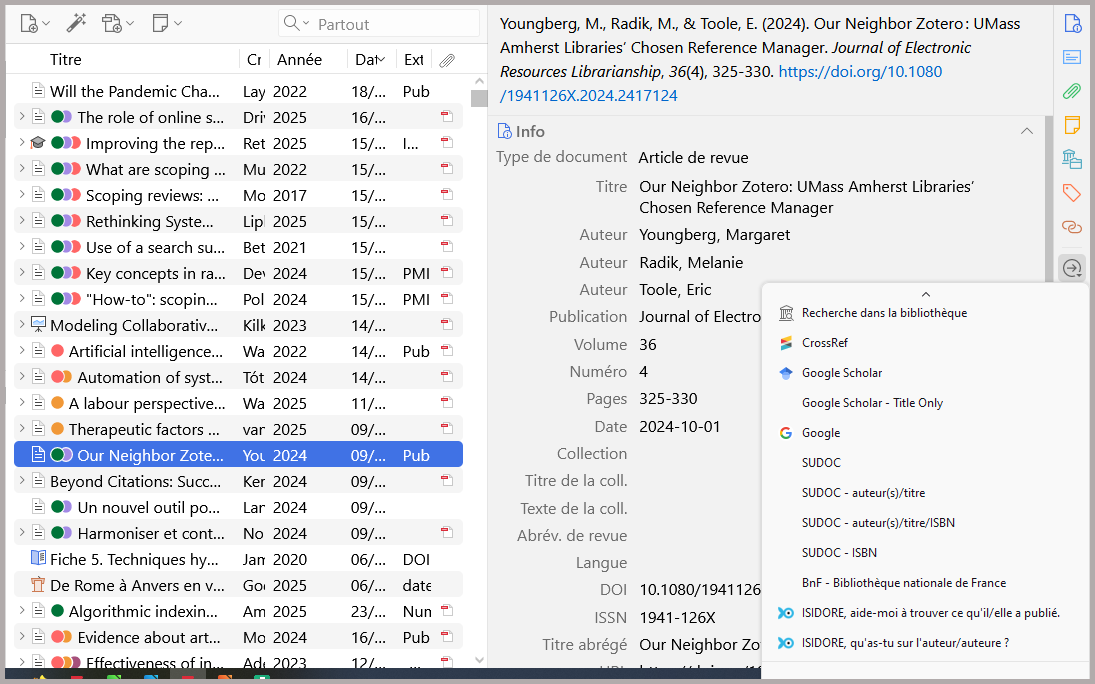 Affichage des moteurs de recherche dans le menu "Localiser" de Zotero