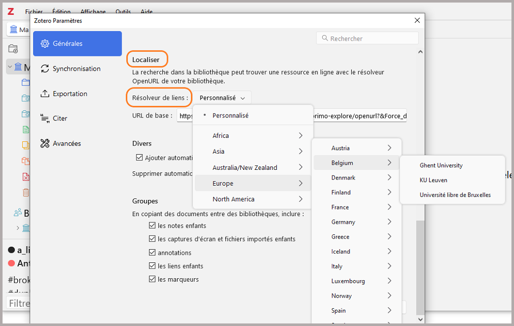 Sélection du résolveur de lien OpenURL dans les paramètres de Zotero