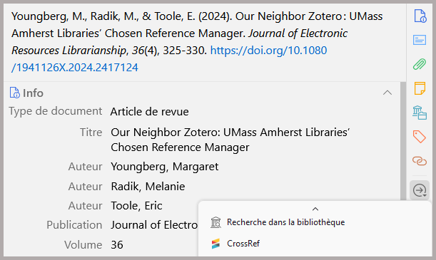 Option "Recherche dans la bibliothèque" dans le menu "Localiser"