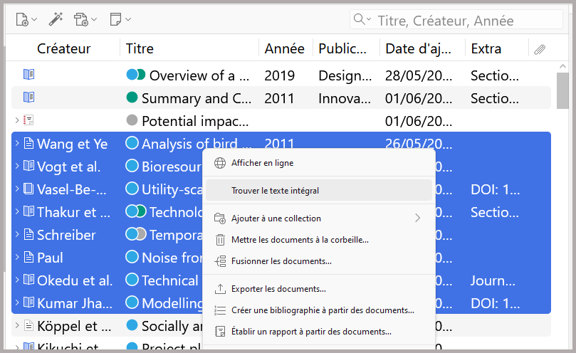 L'option "Trouver le texte intégral" est affichée dans le menu contextuel du panneau central de la bibliothèque Zotero