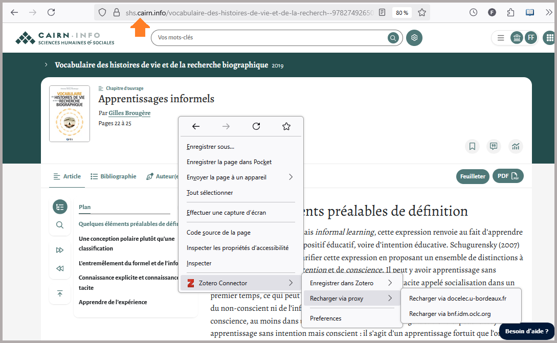 L'option "Recharger via Proxy" du connecteur Zotero permet d'activer la redirection vers un serveur mandataire enregistré