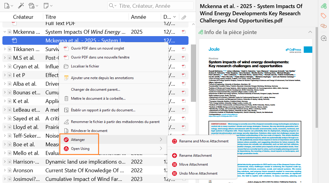 Options des autres fonctionnalités de Attanger dans le menu contextuel du panneau central