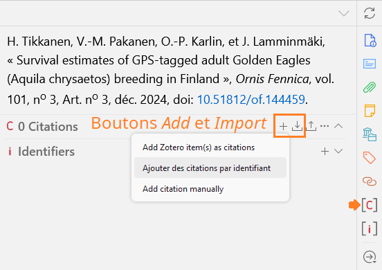 Dans le panneau des citations, les fonctionnalités d'ajout manuel des citations sont accessibles à partir des boutons _Add_ et _Import_