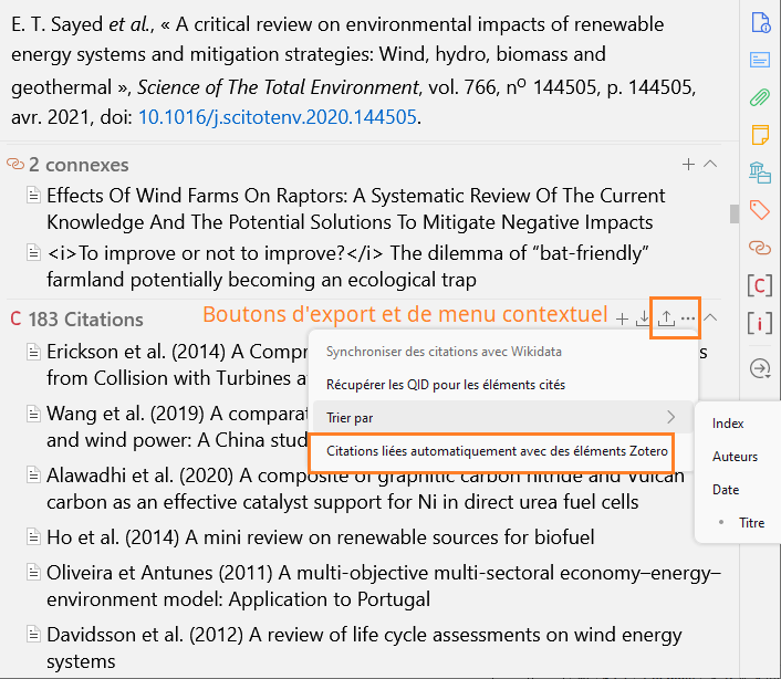 Barre d'outils du panneau Citations : boutons d'export et de menu contextuel