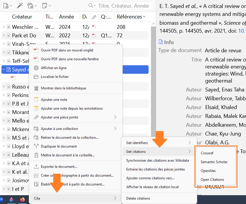Le menu contextuel Cita > Get citations affiche le choix de l'index de citations à partir duquel récupérer les données de citation