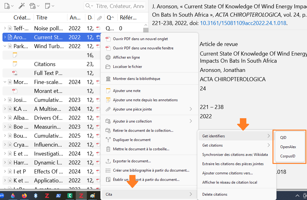 Le menu contextuel Cita > Get identifiers permet de rechercher et d'ajouter les identifians QID, OpenAlex et CorpusID aux documents sélectionnés.