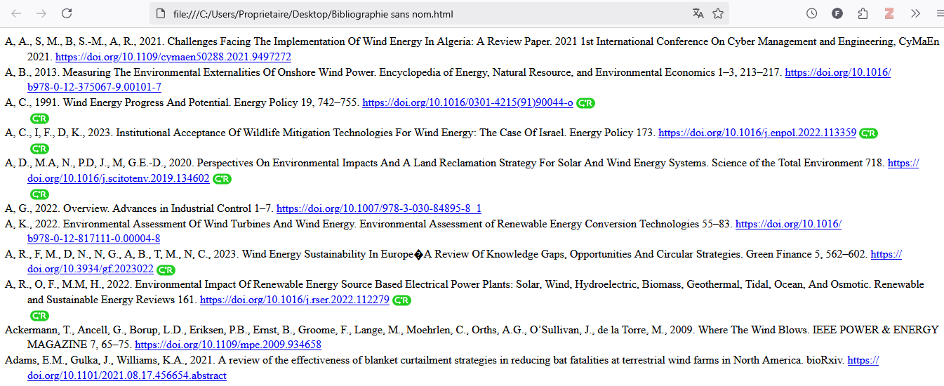 Bibliographie au format html créée par Zotero le style “Elsevier – Harvard (with title)”, affichée dans un navigateur avec l’extension Click & Read activée