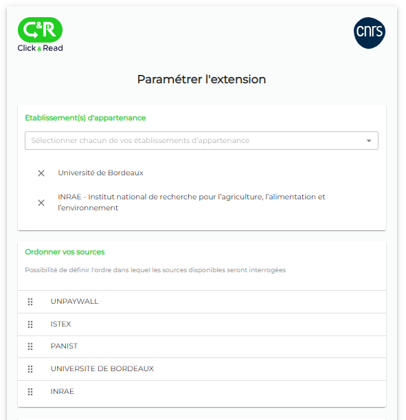 Page de configuration de l'extension Click & Read affichée à la suite de son installation