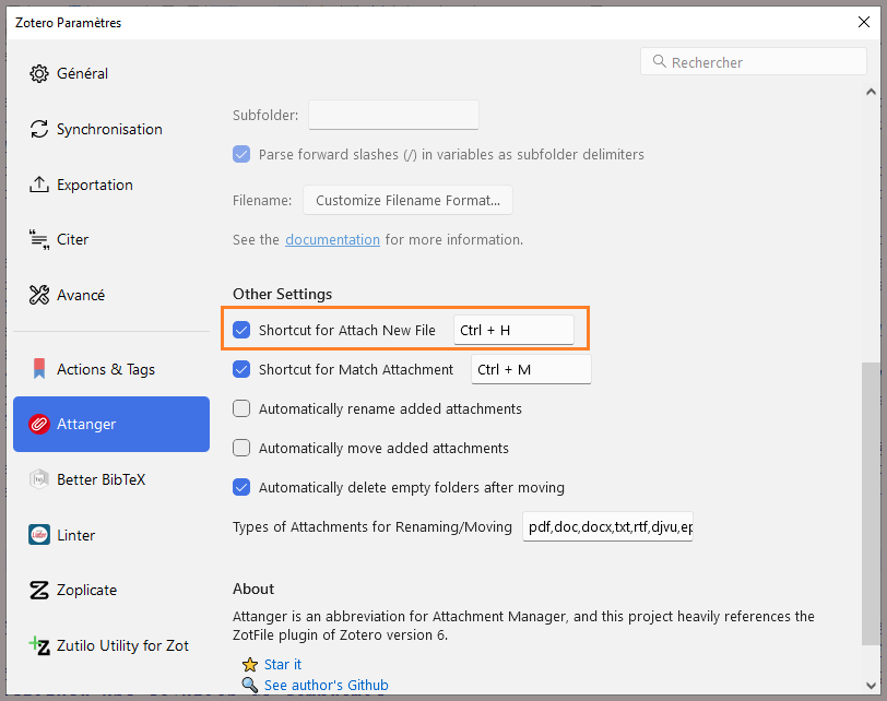Fenêtre des paramètres de Attanger : on a modifié la valeur du raccourci clavier de l'option "Attach New File"