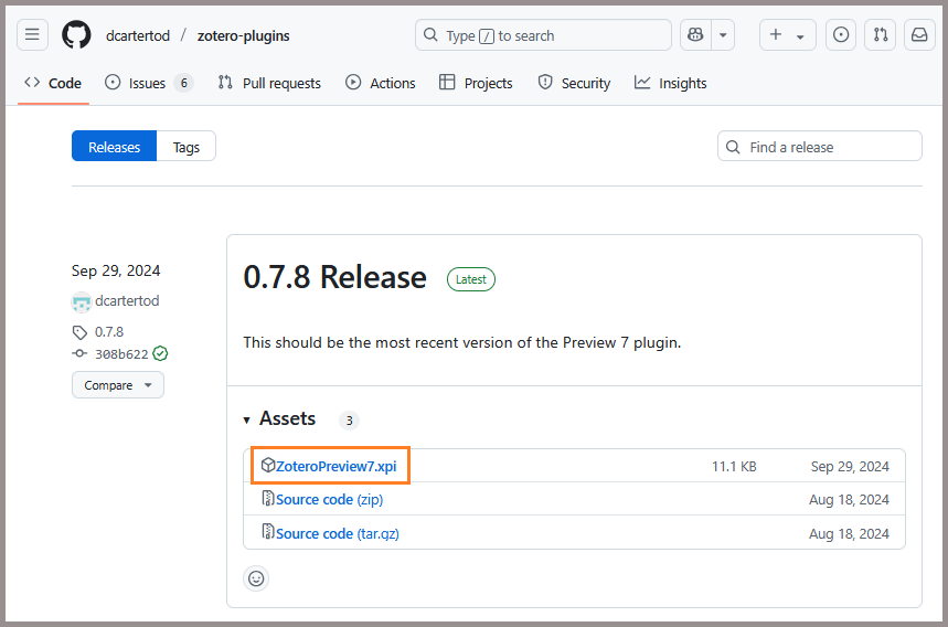Fichier d'installation .xpi sur la page "Release" du dépôt GitHub d'une extension