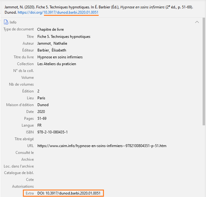 Exemple de notice de chapitre de livre : le DOI est saisi dans le champ "Extra"