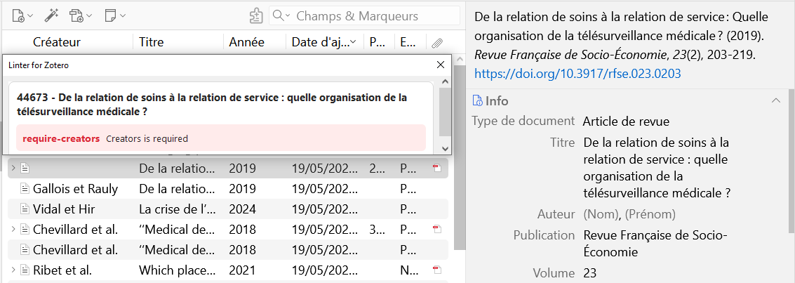 Fenêtre d'avertissement de Linter si le contrôle de la complétion du champ auteur est activé et que le champ auteur est vide