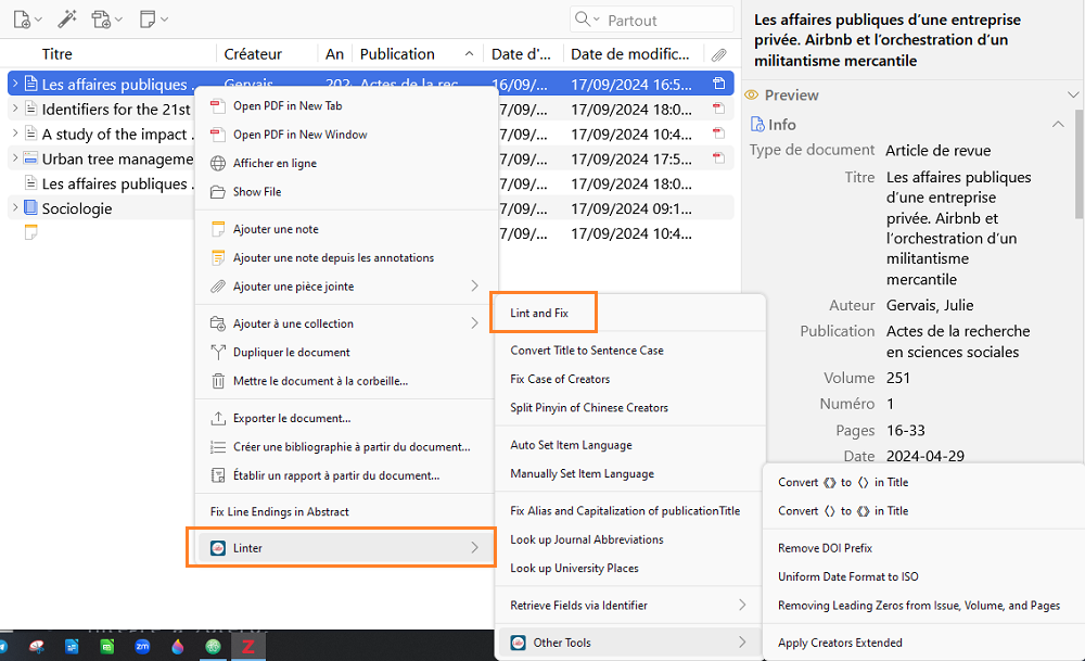 Menu contextuel Linter, avec la commande Lint and Fix et les commandes individuelles