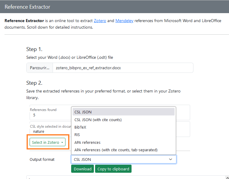 Interface de Reference Extractor, avec mise en valeur de l'option de sélection des documents dans la  bibliothèque