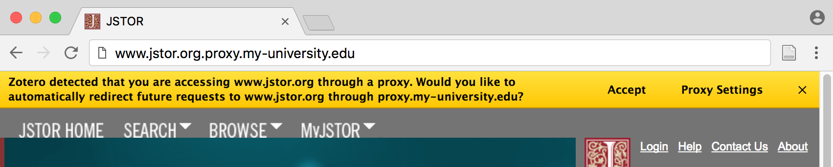 Message d'invitation à activer la redirection automatique vers le serveur mandataire affiché dans le navigateur par le connecteur Zotero