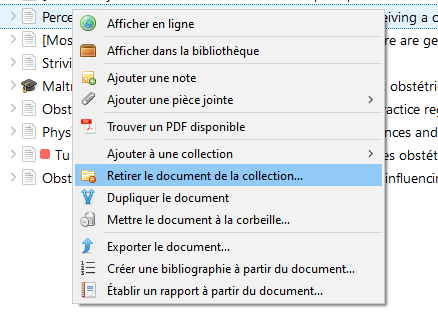 Menu contextuel (clic-droit) d'un document : option retirer le document de la collection