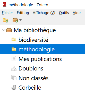 Sélection d'une collection dans le panneau de gauche de Zotero