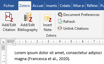 Barre d'outils Zotero dans un logiciel de traitement de texte