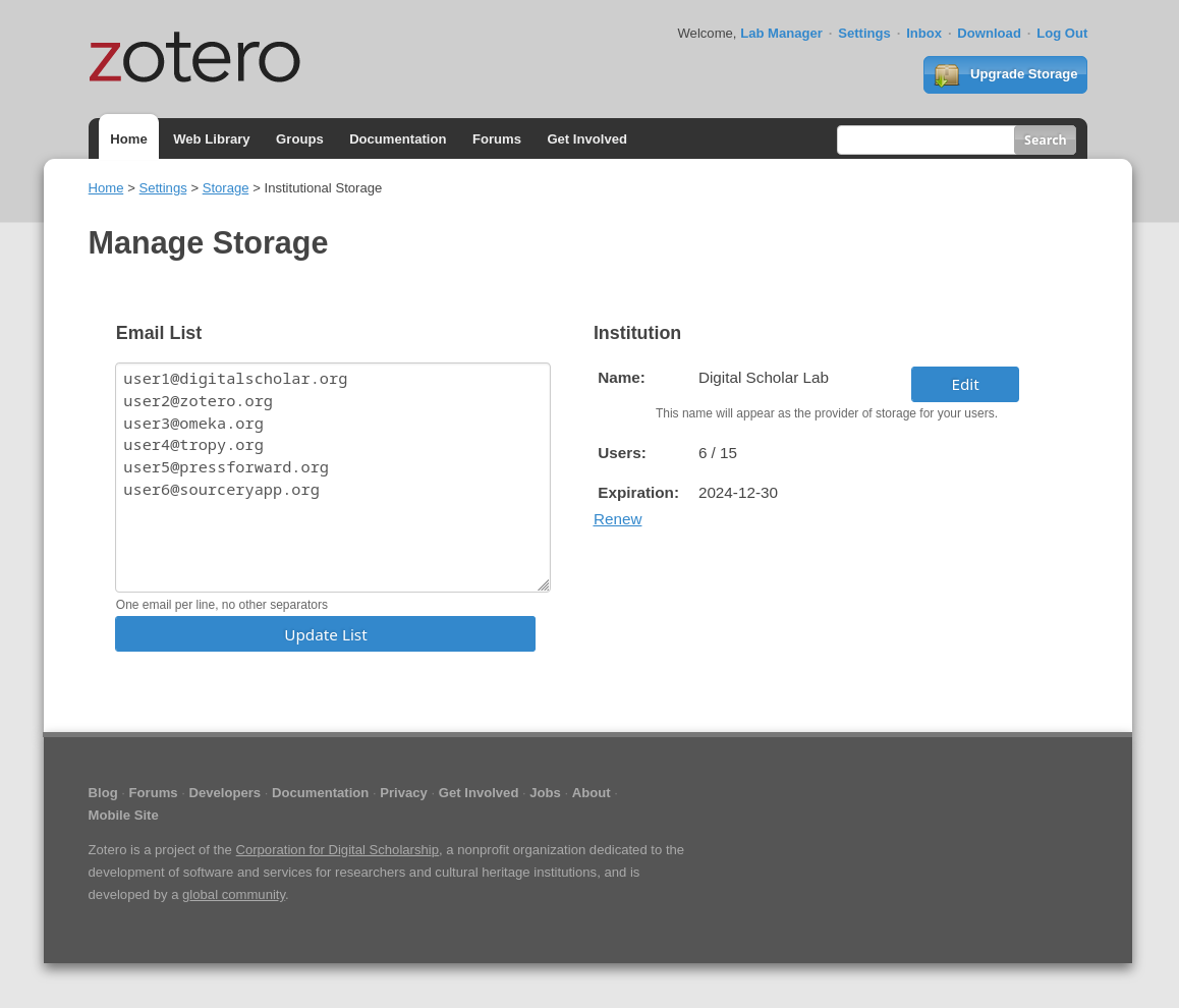 Capture d'écran de l'interface de gestion de Zotero Lab