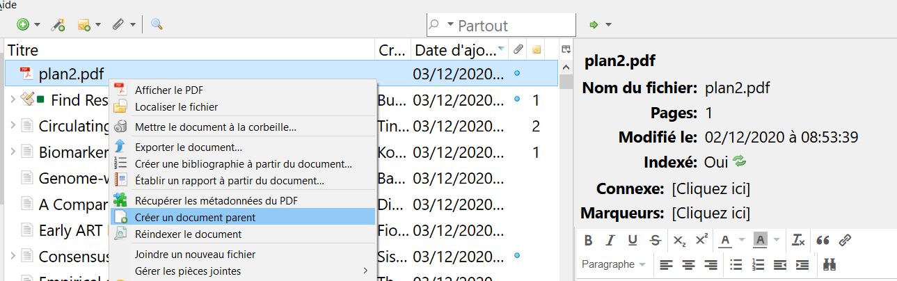 L'option "Créer un document parent" s'affiche dans le menu contextuel de Zotero lorsque l'on sélectionne un PDF enregistré comme document indépendant