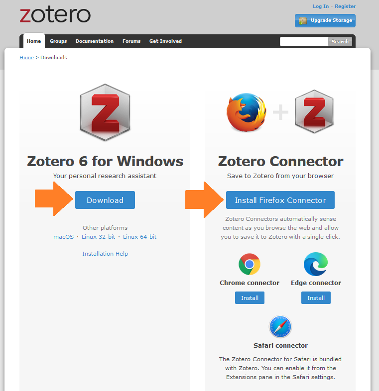 Page de téléchargement sur le site de Zotero, présentant les liens de téléchargement et d'installation de l'application Zotero et des connecteurs pour les différents navigateurs